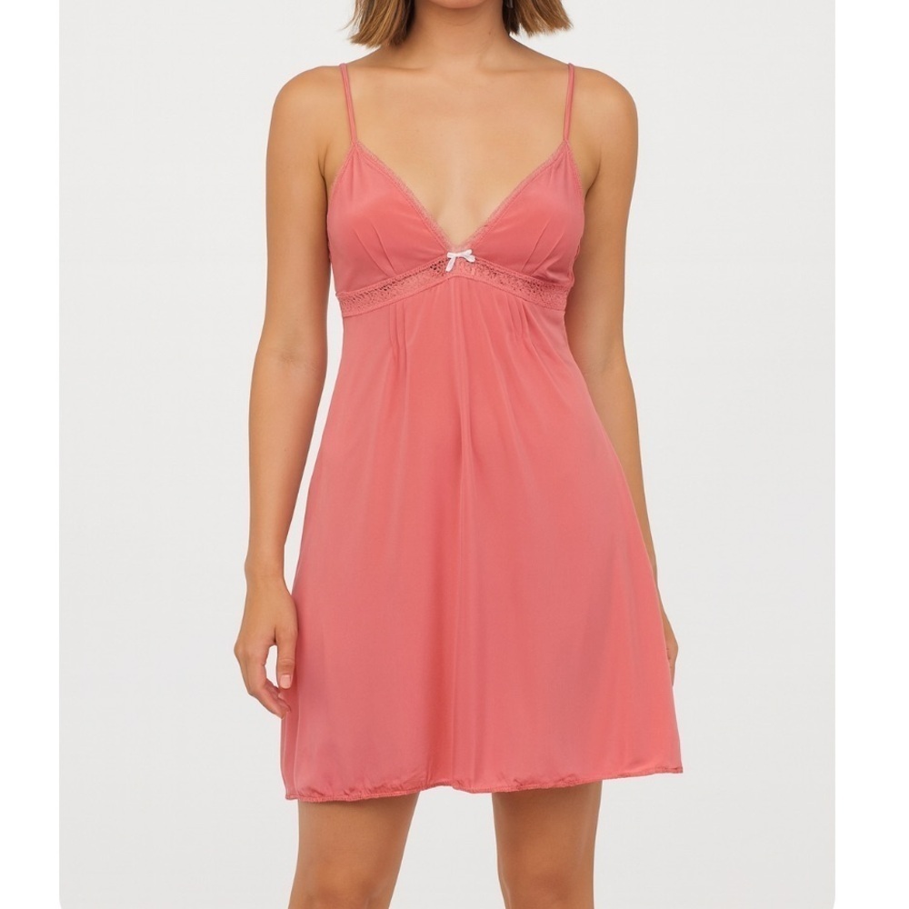 VICTORIA'S SECRET Lace Top Satin Slip rose pink SZ SM V-neck plunge dress